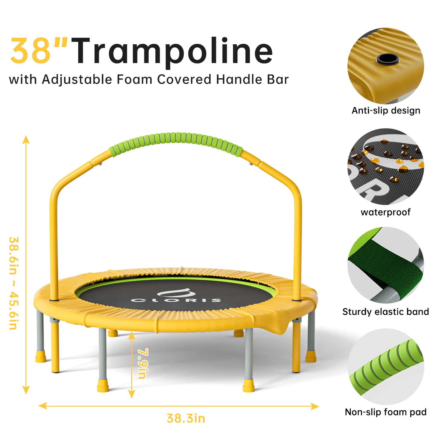 CLORIS 38in Folding Mini Trampoline with Adjustable Foam Handle with safty Padded Cover Best Gift for Kids