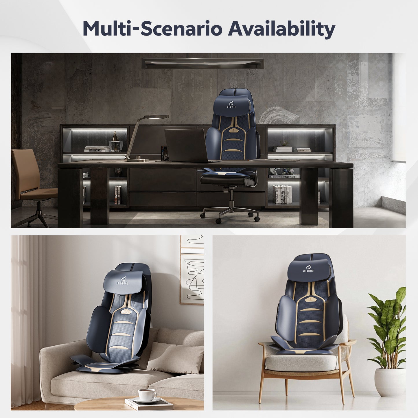 CLORIS Neck Back Massager with Heat, Automatic Adjustable Neckrest, 3D Shiatsu Compress & Rolling Massage Chair Pad for Full Body Relaxation, Home Office Chair Use, Gift for Family & Friends Blue&Gold