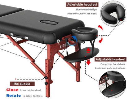 CLORIS 84" Professional 2-Section Massage Table Wooden Leg with Carrying Bag