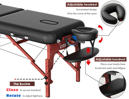 CLORIS 84" Professional 3-Section Massage Table Wooden Leg with Carrying Bag