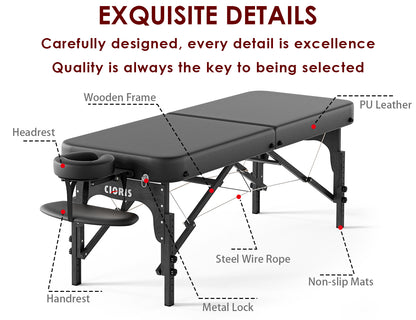 CLORIS 84" Professional Massage Table Portable Reinforced Wooden Leg 2 Folding Lightweight Spa Salon Tattoo Massage Bed Height Adjustable Hold Up to 1100LBS with Carrying Bag