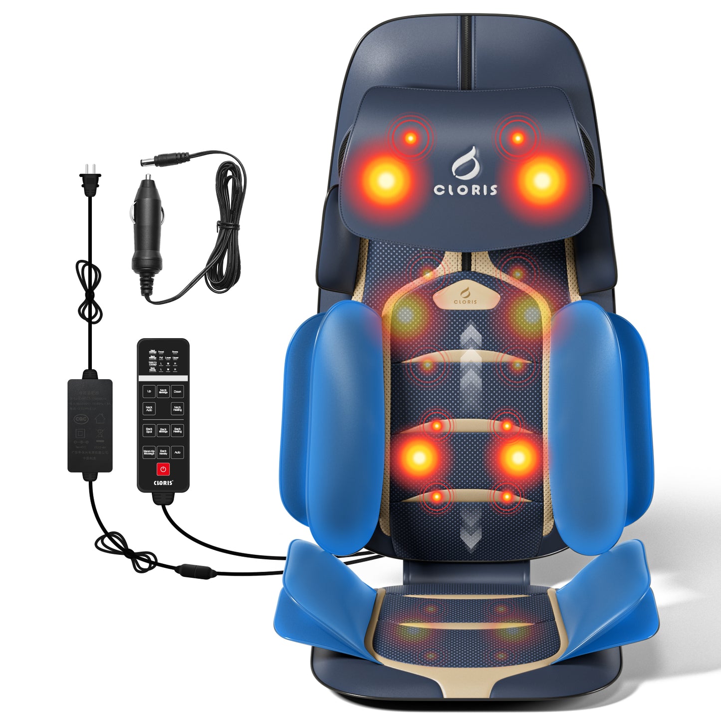 CLORIS Neck Back Massager with Heat, Automatic Adjustable Neckrest, 3D Shiatsu Compress & Rolling Massage Chair Pad for Full Body Relaxation, Home Office Chair Use, Gift for Family & Friends Blue&Gold